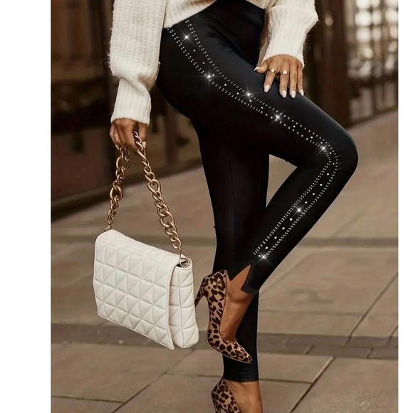 Luxe Blingy Split Hem Fitted High Waisted Leggings - Picture 1 of 4